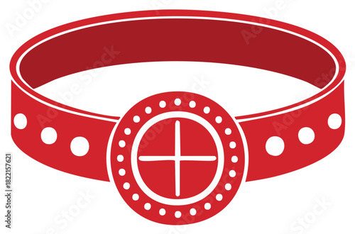Red stylized dog collar with decorative studs and a central circular emblem