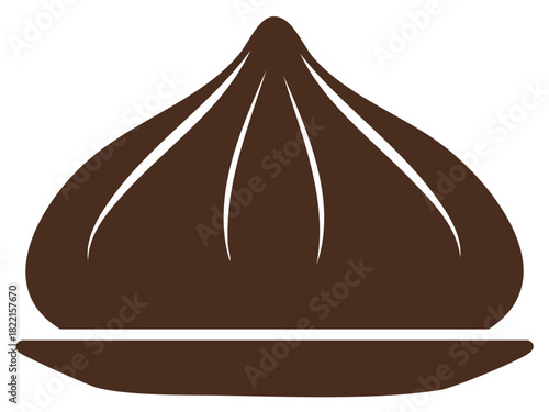Abstract brown dumpling-shaped silhouette. Isolated dim sum pastry outline on a plate. Geometric minimal illustration of food element, vector illustration.
