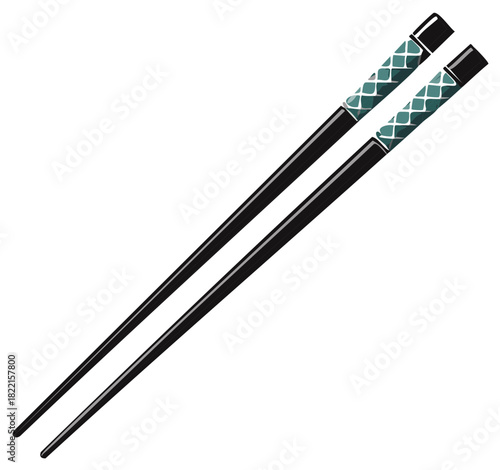 Elegant black chopsticks with green patterned handles vector illustration