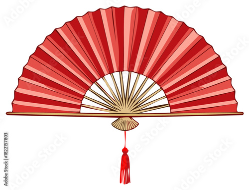 Vibrant Red Asian Oriental Hand Fan with Elegant Tassel Decorative Element