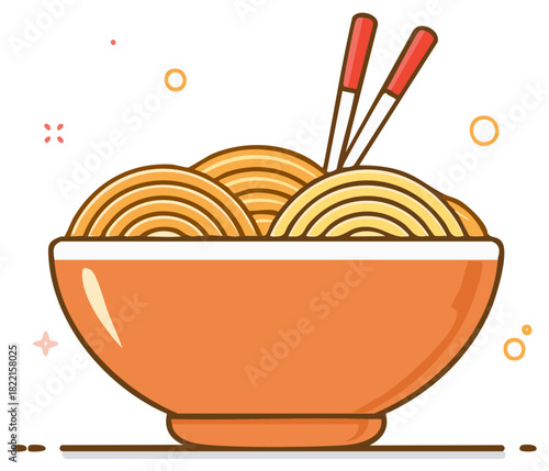 Bowl of Asian noodles with chopsticks, a simple flat design vector illustration for a menu or logo.