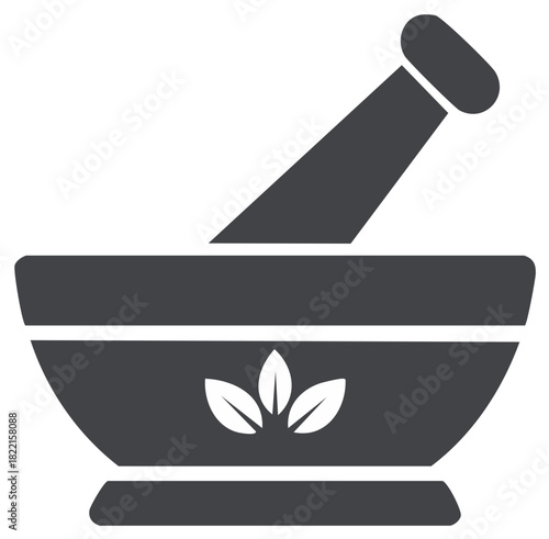 Mortar and pestle graphic icon featuring leaves, herbal medicine, traditional remedy, health and wellness