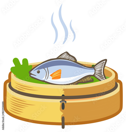 Illustration of a whole fish steaming in a traditional bamboo basket for Asian food.