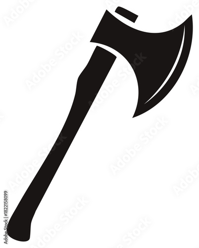 A classic black silhouette of a sharp axe with a curved blade and wooden handle angled upwards