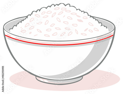 Full bowl of white rice illustration for healthy eating, cartoon style food presentation