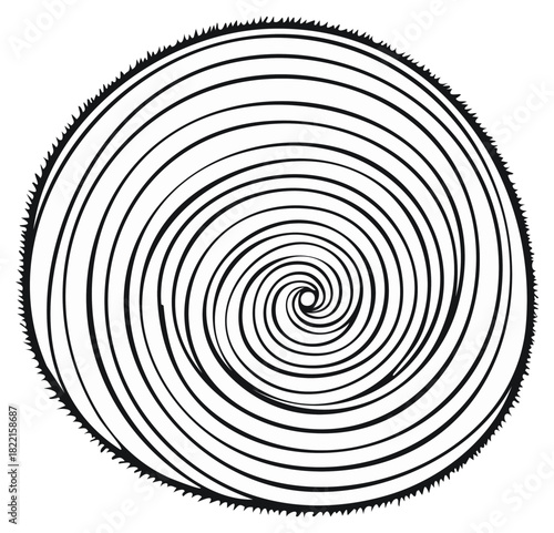 Hand drawn hypnotic spiral vortex with a spiky circular frame