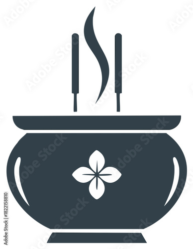Incense burner with smoke and flower emblem, dark blue icon