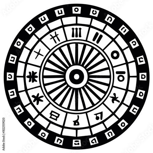 Mysterious Circular Diagram with Astrological Symbols and Ancient Script Glyphs