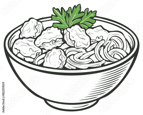 Illustration of Noodles and Dumplings in a Bowl, Garnished with Parsley