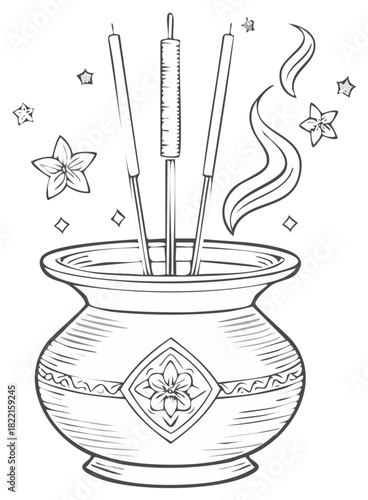 Incense Sticks in Pot with Smoke and Flowers Coloring Page