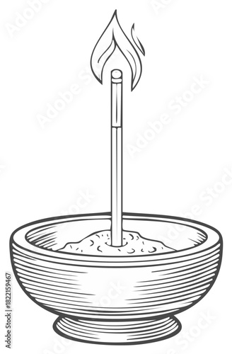 Traditional burning incense stick in a decorative bowl line art drawing for spiritual offering and meditation
