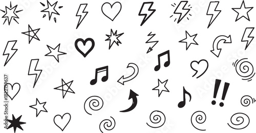 Hand Drawn Doodle Icons Featuring Stars Hearts Lightning Bolts Music Notes and Swirls