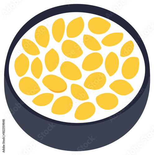 Top view illustration of a healthy breakfast bowl with whole almonds in milk or yogurt