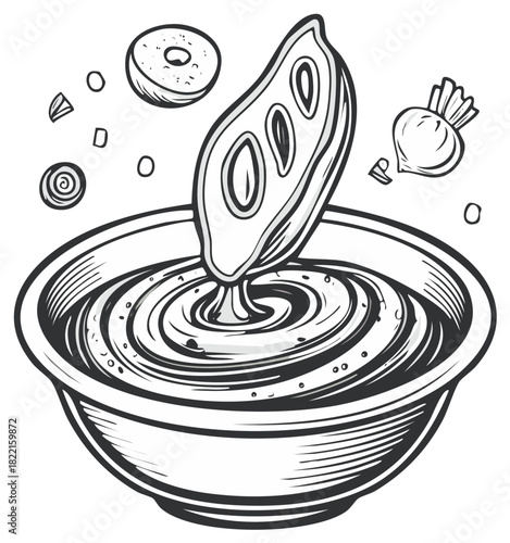 Hummus with avocado, vegetables, and decorative elements illustration