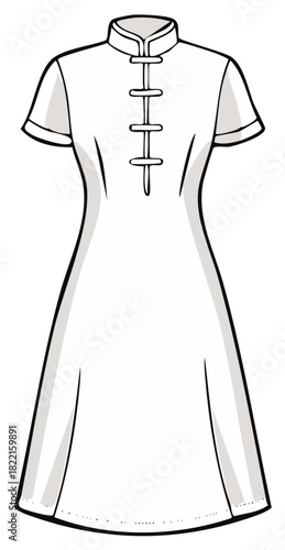Elegant white Chinese dress with Mandarin collar, vector illustration
