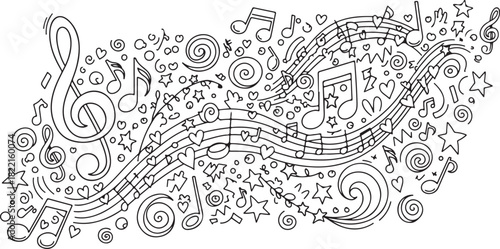 Hand Drawn Musical Notes and Symbols Doodle with Swirls and Hearts on White Background treble clef