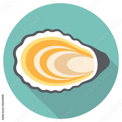 Stylized Oyster Icon in Flat Design with Long Shadow and Teal Circle Background