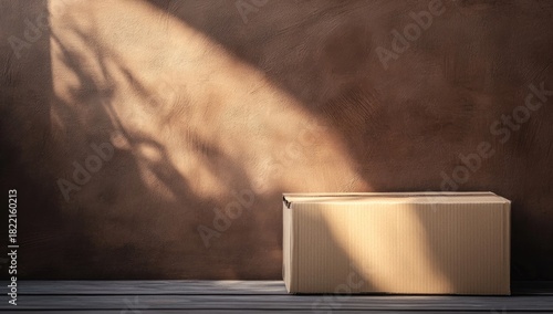 Empty Cardboard Box on Wooden Table with Sunlight and Shadows on Brown Wall