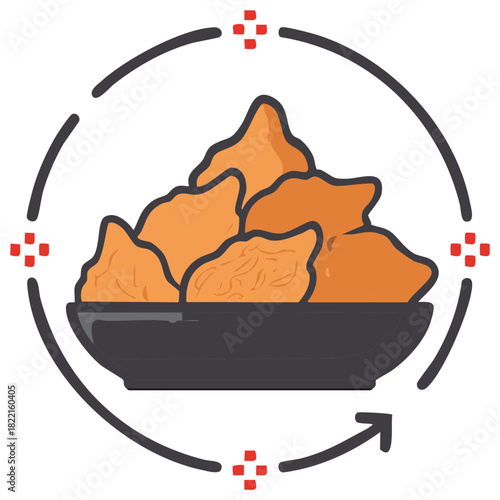 Orange fried food in a black bowl inside a decorative circle illustration