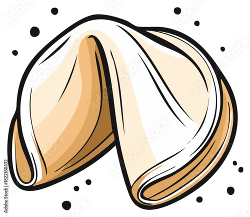 A detailed illustration of a fortune cookie with a stylized outline and scattered dots