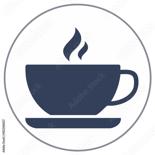 Minimalist flat vector icon of a steaming hot coffee or tea cup on a saucer