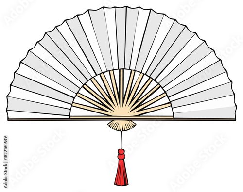 Traditional Handheld Fan with Decorative Red Tassel