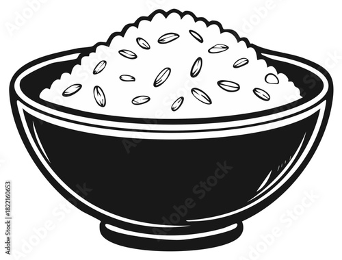 Black and White Illustration of a Bowl of Rice with Grains Filling to the Top