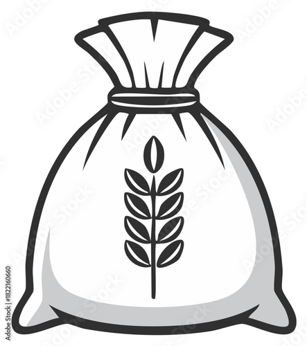 Grain bag icon illustration, tied sack of flour, wheat emblem, agriculture