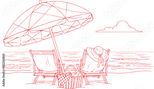 Red Line Drawing of Beach Scene with Umbrella Chairs and Picnic Basket fruit