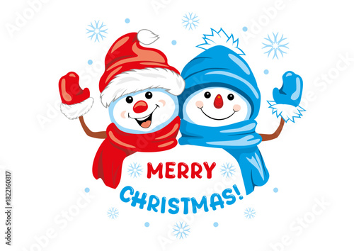 Two happy waving snowmen. Festive design for a Christmas card