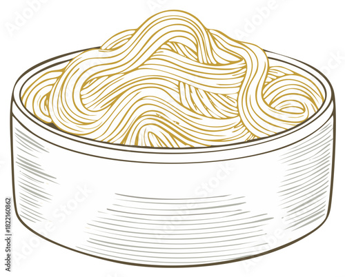 Bowl of appetizing golden pasta illustration, vintage style, for cooking designs