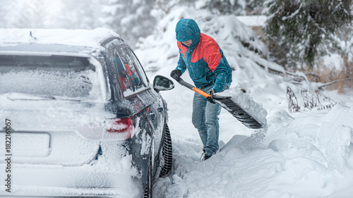 Clearing snow from a car stuck in a snowdrift using a shovel.