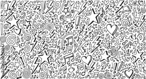 Seamless pattern of hand drawn doodle elements stars hearts lightning bolts music notes and swirls