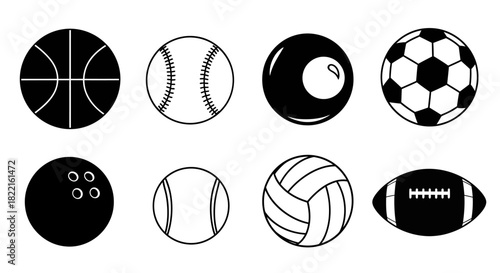 Sports balls icon set: basketball, soccer, baseball, tennis, volleyball