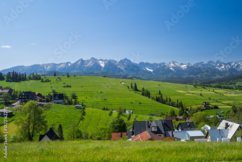Fototapeta Naklejka Na Ścianę i Meble -  Panoramic view of the snow-capped Tatra Mountains from Rzepiska village in Podhale, Poland. Scenic June landscape with vivid green fields and rural settlement.