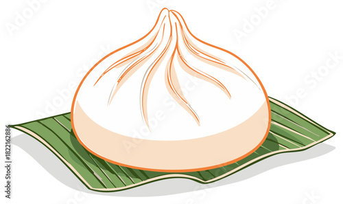 Steamed bun on a leaf, Asian cuisine illustration, street food, dumpling on a banana leaf, food art
