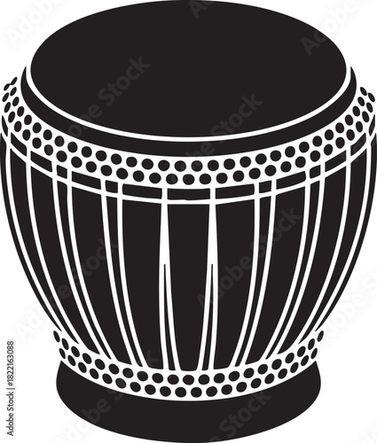 Black shows a traditional drum with white bands and circular decorations