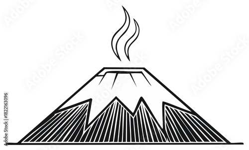 Black and white volcano illustration with smoke coming out from the top.