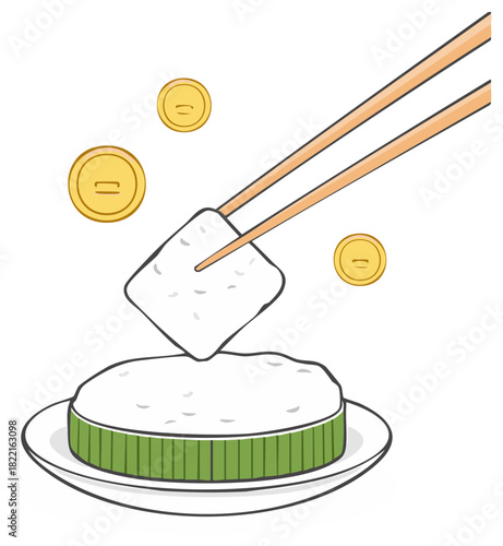 Cartoon Kueh Lapis Sagu served with chopsticks and gold coins illustration