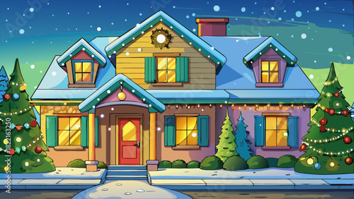 Very beautiful Christmas light display on a house exterior, featuring a roofline outlined with bright festive lights and a yard adorned with glowing holiday decorations, creating a cheerful and vibran