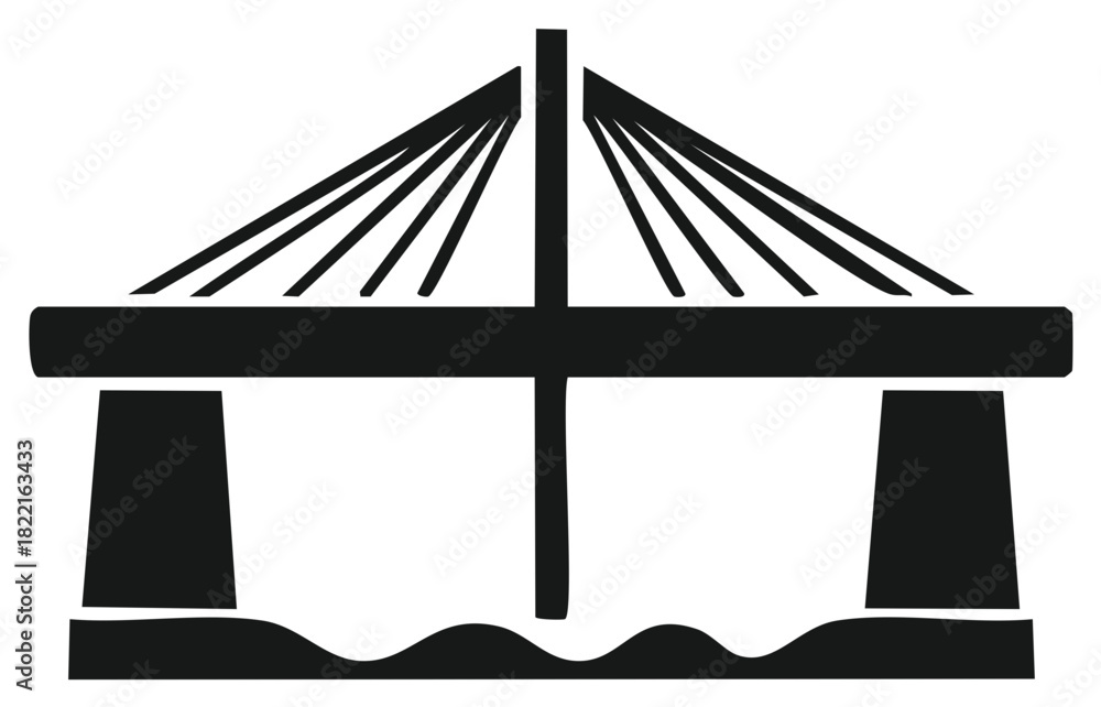 Obraz premium Simple Cable-stayed Bridge Icon, Suspension Bridge Vector Graphic, Modern Transportation Construction Silhouette over Water