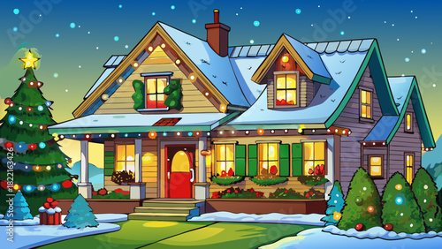 Very beautiful Christmas light display on a house exterior, featuring a roofline outlined with bright festive lights and a yard adorned with glowing holiday decorations, creating a cheerful and vibran