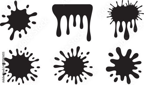 Six abstract black blots show different shapes and dripping forms on a white background