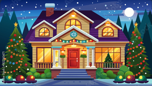 Very beautiful Christmas light display on a house exterior, featuring a roofline outlined with bright festive lights and a yard adorned with glowing holiday decorations, creating a cheerful and vibran
