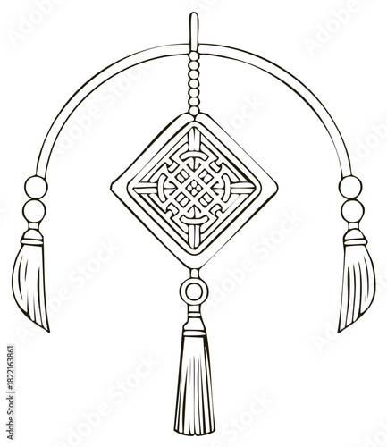 Elegant decorative ornament outline with tassels and geometric design