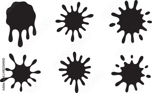 Six black ink blot designs are arranged neatly on a bright white background