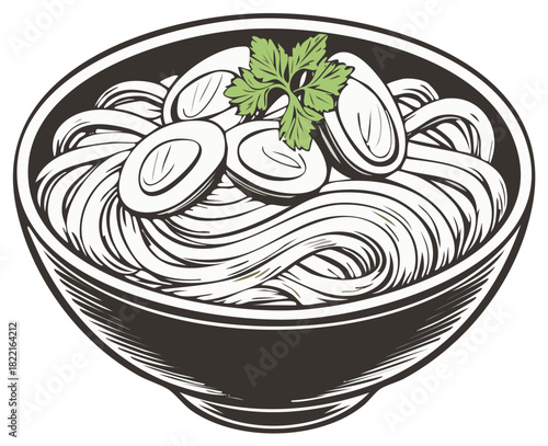 Hand drawn Asian noodle soup bowl with egg and herb toppings vector illustration