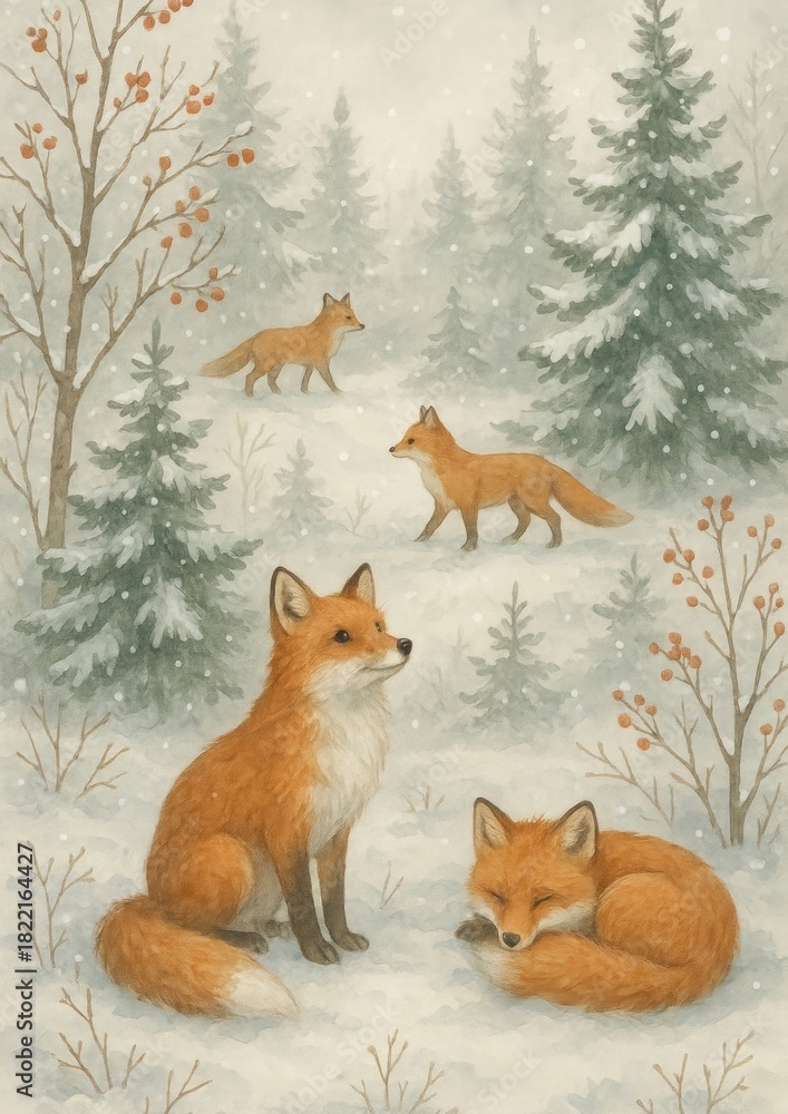 Obraz premium Charming foxes in snowy forest