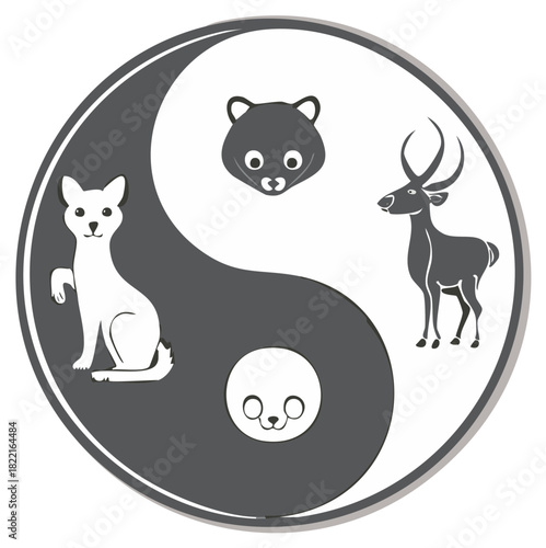 Yin Yang symbol with wild animals cat deer and seal representing harmony and balance in nature