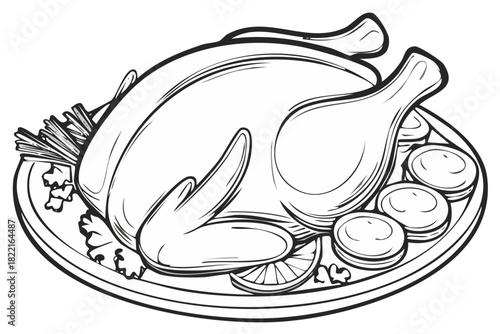 Roasted Chicken Illustration on Platter with Vegetables and Slices